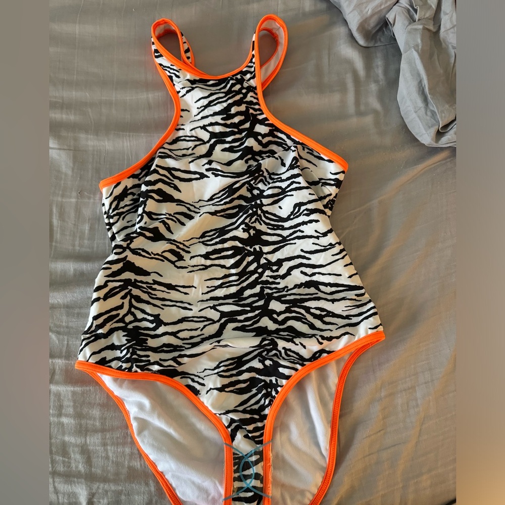Zebra Print One-Piece Swimsuit with Neon Orange Trim